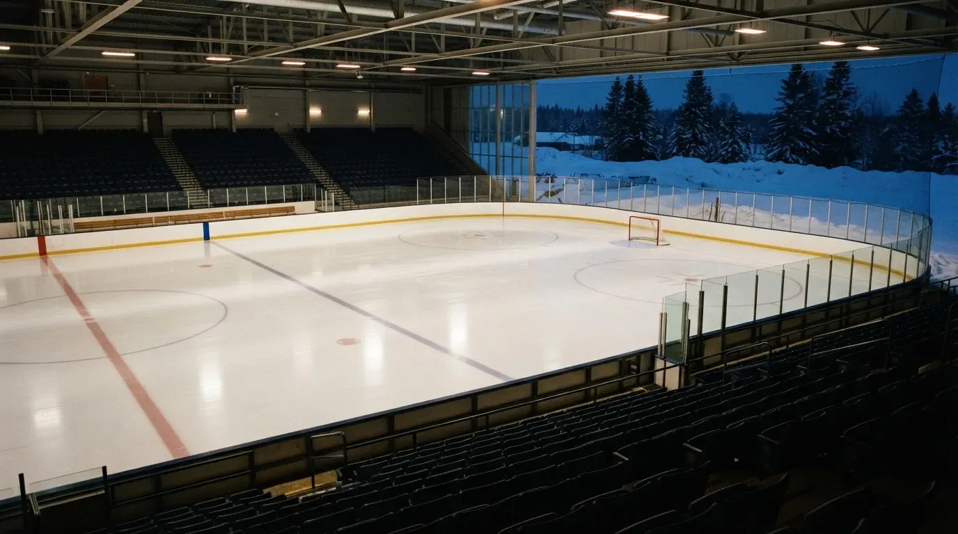 Eine Eishalle von Weitem unter Flutlicht, die leere Eisfläche glänzt, auf den Rängen sitzt niemand, draussen liegt Schnee.