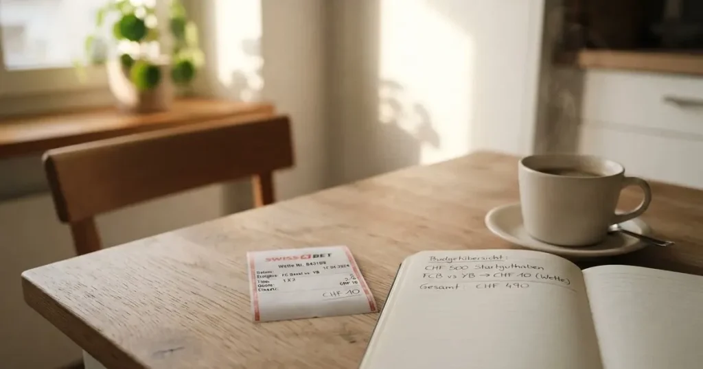Ein Taschenrechner und ein Bleistift liegen auf einem hellen Küchentisch neben einer Tasse Kaffee, Sonnenlicht fällt schräg über die Tischplatte.