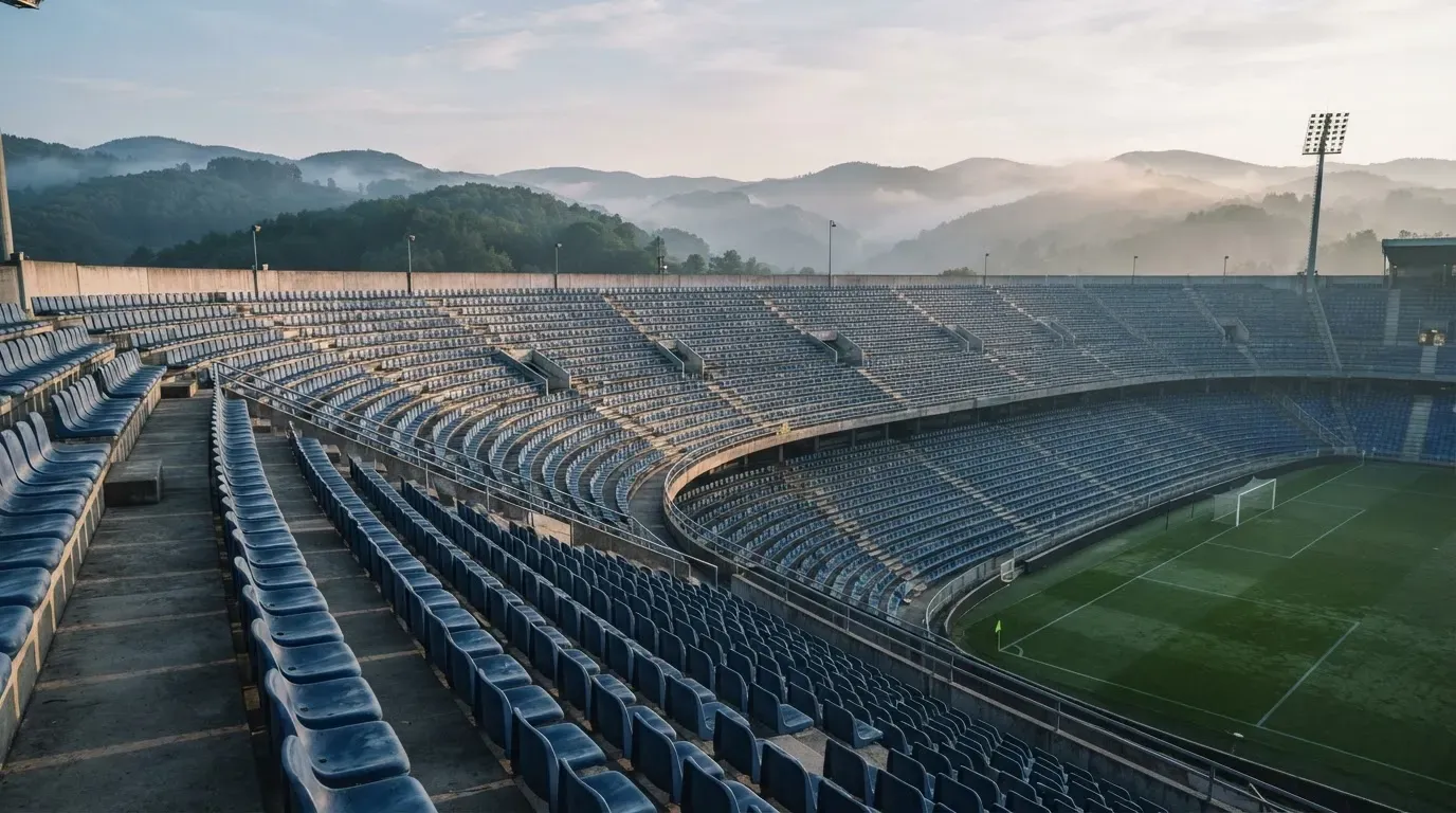 Ein leeres Stadion im Morgenlicht mit Blick auf die Sitzreihen, im Hintergrund Hügel und aufsteigender Nebel.