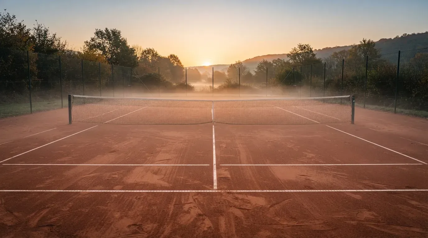 Ein Tennisplatz bei Sonnenaufgang, die Linien frisch gezogen, das Netz in der Mitte und Nebel über dem Boden.