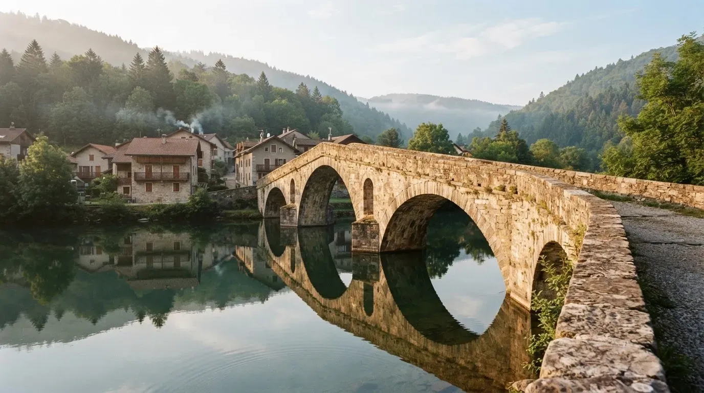 Eine alte Steinbrücke über einen ruhigen Fluss, dahinter Häuser mit Ziegeldächern und bewaldete Hügel.