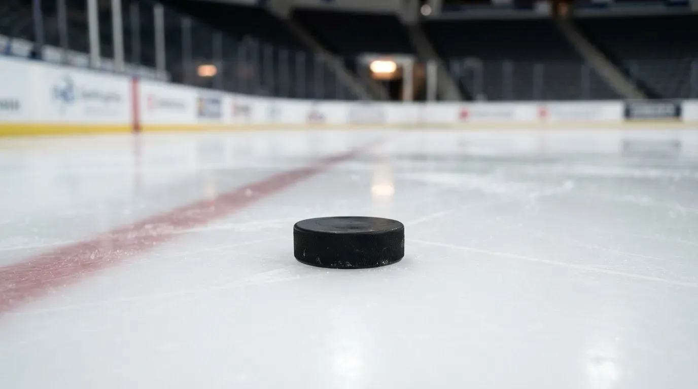 Ein Eishockeypuck liegt auf dem Eis, im Hintergrund unscharf die Bande unter hellem Hallenlicht.