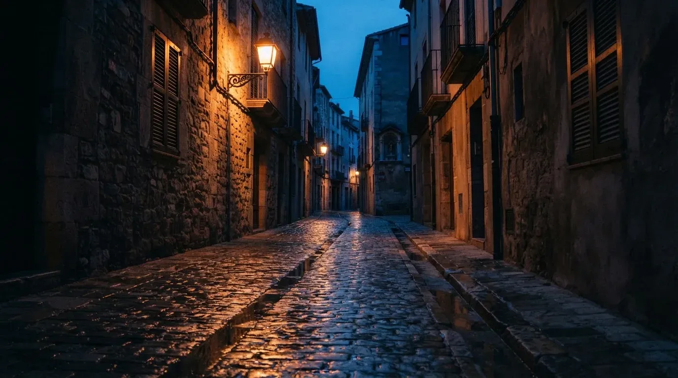Eine Strassenlaterne in einer leeren Gasse am Abend, das nasse Kopfsteinpflaster spiegelt das warme Licht.