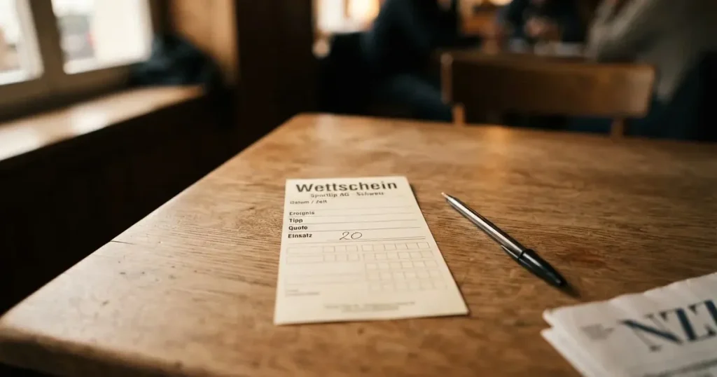 Ein leerer Wettschein aus Papier liegt neben einem Kugelschreiber auf einem Holztisch, weiches Licht fällt von der Seite.