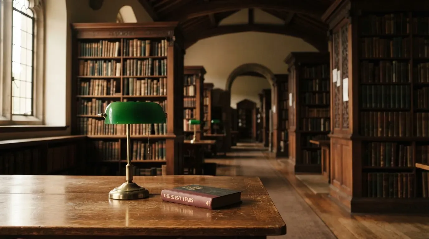 Eine Bibliothek mit hohen Holzregalen voller Bücher, im Vordergrund ein Lesetisch mit grüner Lampe.