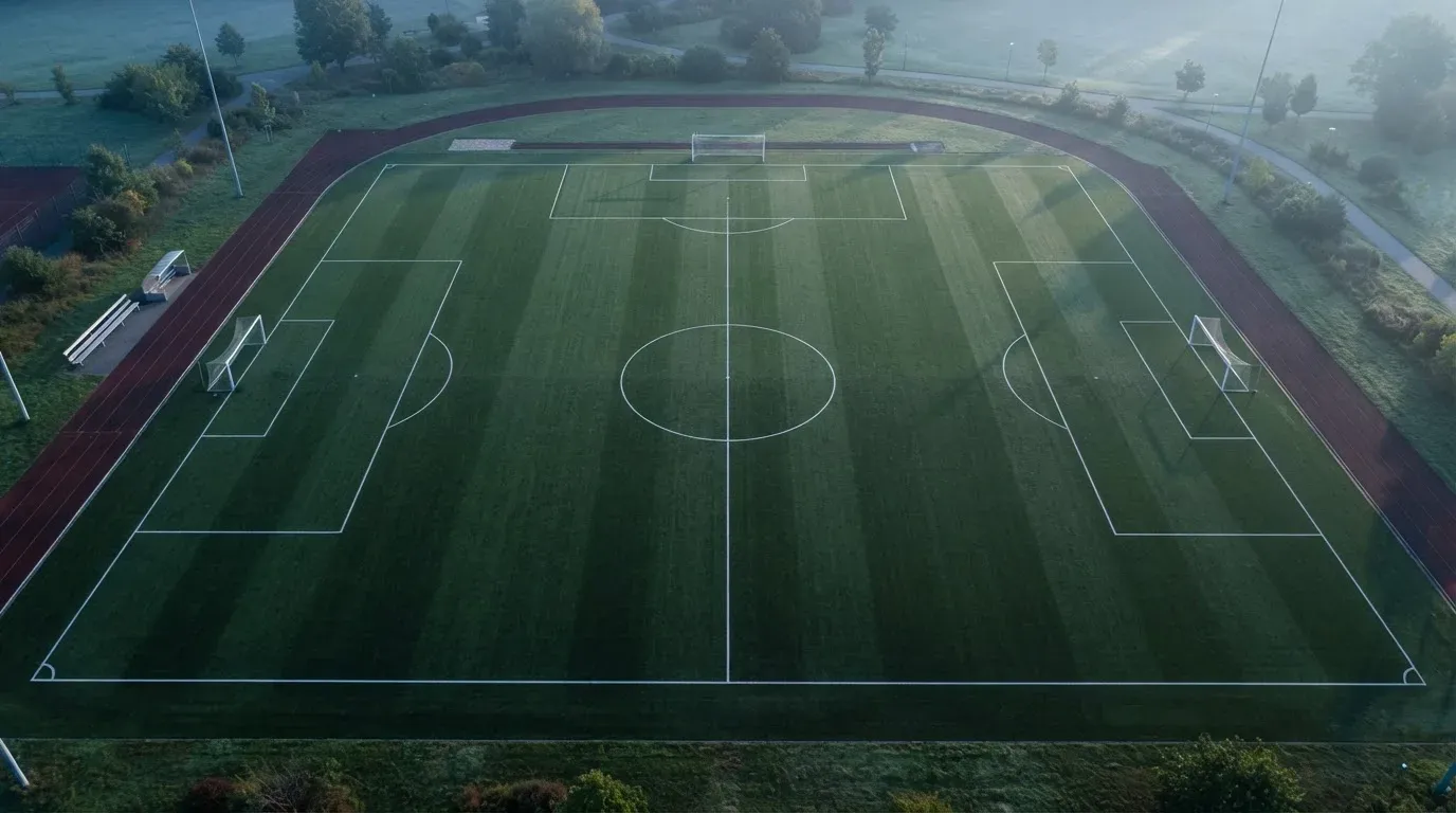 Ein Fussballplatz von oben gesehen, die Linien bilden ein helles Muster auf dem Rasen, Drohnenperspektive in der Morgendämmerung.