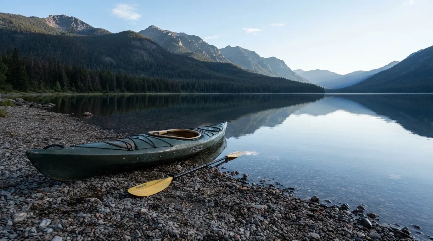 Ein Kajak liegt am Ufer eines Bergsees, daneben ein Paddel, das Wasser ist glatt und der Himmel klar.