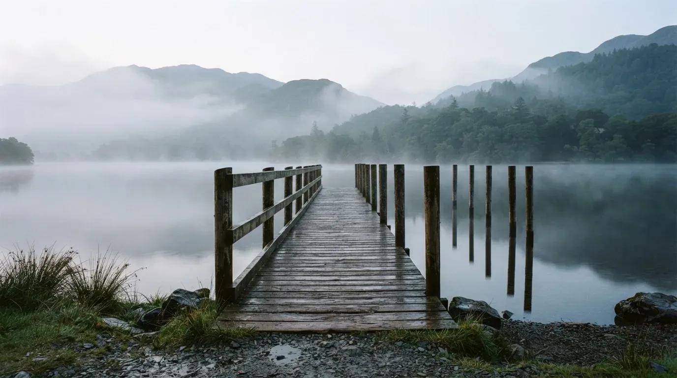 Ein Seeufer mit einem hölzernen Steg, Nebel liegt über dem Wasser, am anderen Ufer erheben sich Berge.