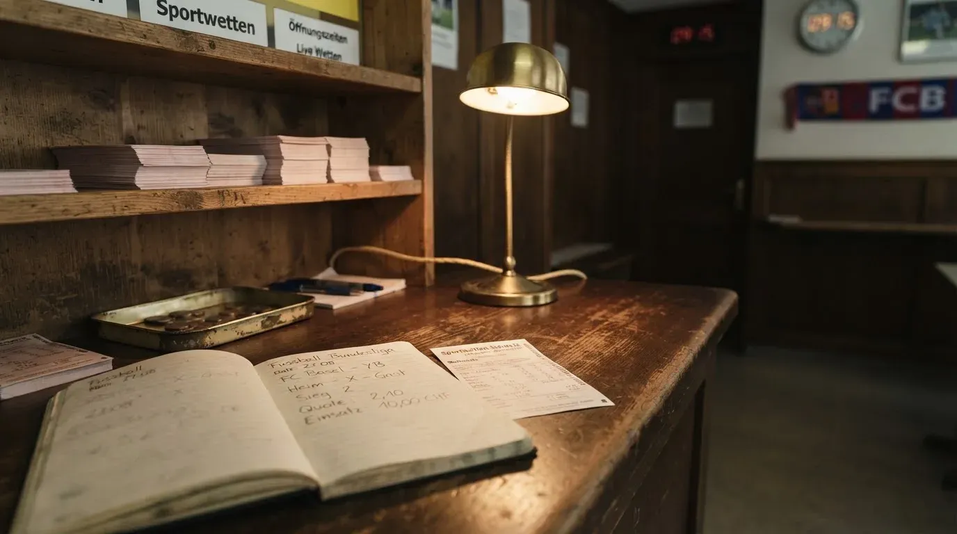 Ein alter Holztresen mit einem Notizbuch und einem Taschenrechner in warmem Lampenlicht, Regale im Hintergrund.