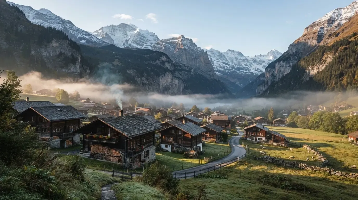 Ein Bergdorf mit Holzhäusern im Tal an einem klaren Morgen, über den Dächern liegen Nebelschwaden und ferne Gipfel.