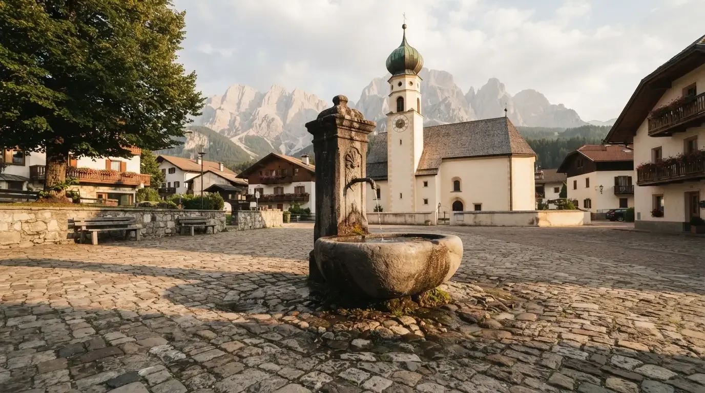 Ein Brunnen auf einem Dorfplatz mit Kopfsteinpflaster, im Hintergrund eine Kirche mit Zwiebelturm und Berge.