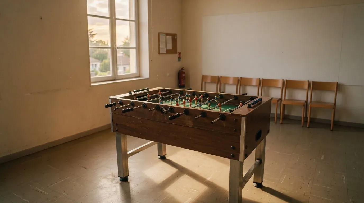 Ein Tischfussballtisch steht in einem leeren Aufenthaltsraum, Nachmittagslicht fällt durch ein Fenster.