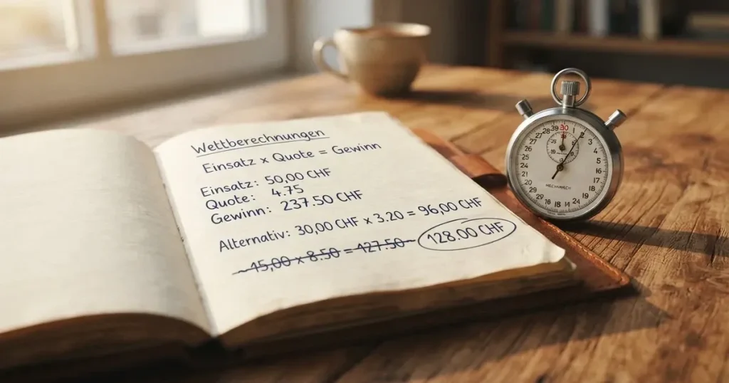 Ein aufgeschlagenes Notizbuch mit handschriftlichen Notizen und Skizzen liegt neben einer Stoppuhr auf einem Holztisch.