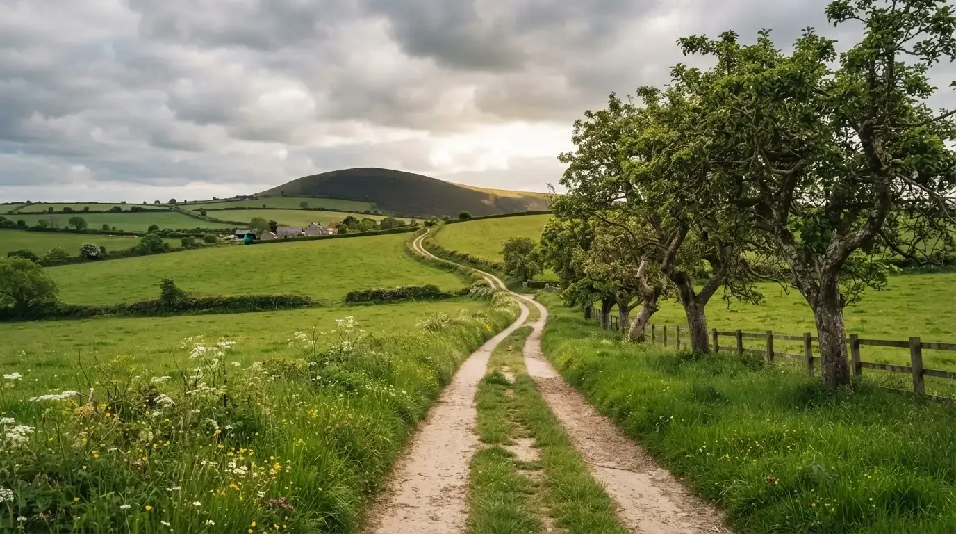 Ein Feldweg führt zwischen Wiesen zu einem Hügel, der Himmel ist bewölkt, am Wegrand stehen Obstbäume.