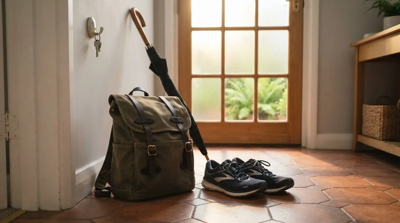Ein Rucksack und Turnschuhe stehen an einer Haustür, daneben ein Regenschirm, durch das Glas fällt Morgenlicht.