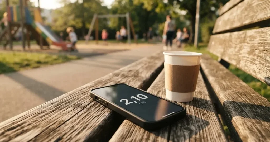 Ein Smartphone mit dunklem Display liegt auf einer Parkbank, daneben ein Kaffeebecher, im Hintergrund ein Spielplatz.