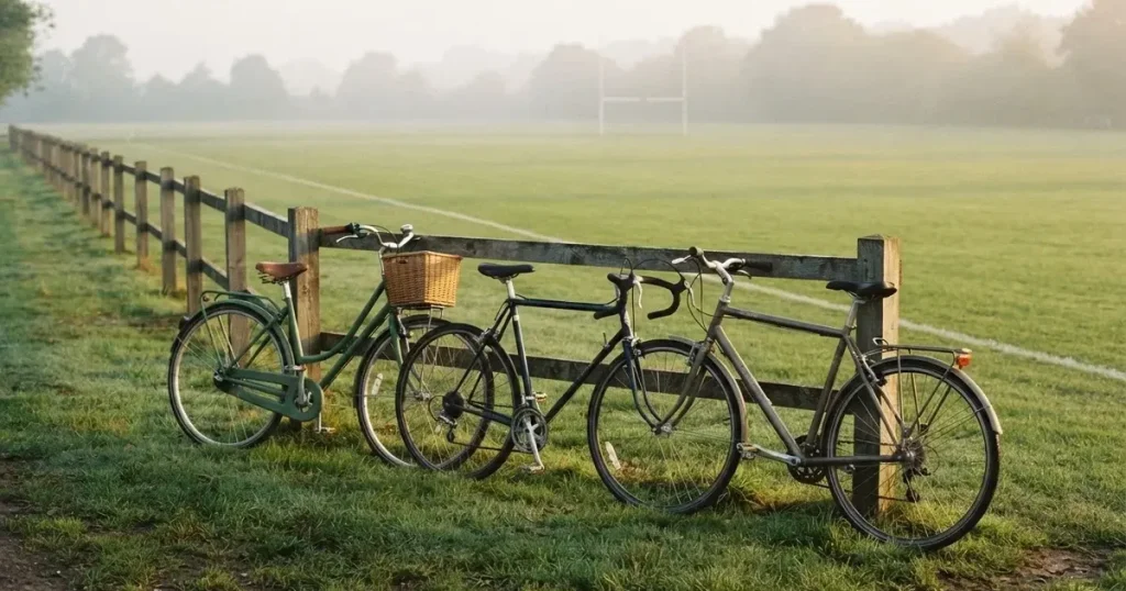 Drei Fahrräder lehnen nebeneinander an einem Zaun vor einem Sportplatz, dahinter ein grüner Rasen im Dunst.