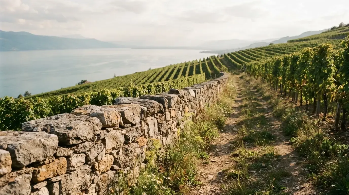 Eine Mauer aus Natursteinen am Wegrand, dahinter Weinberge, die zu einem See hinabführen.