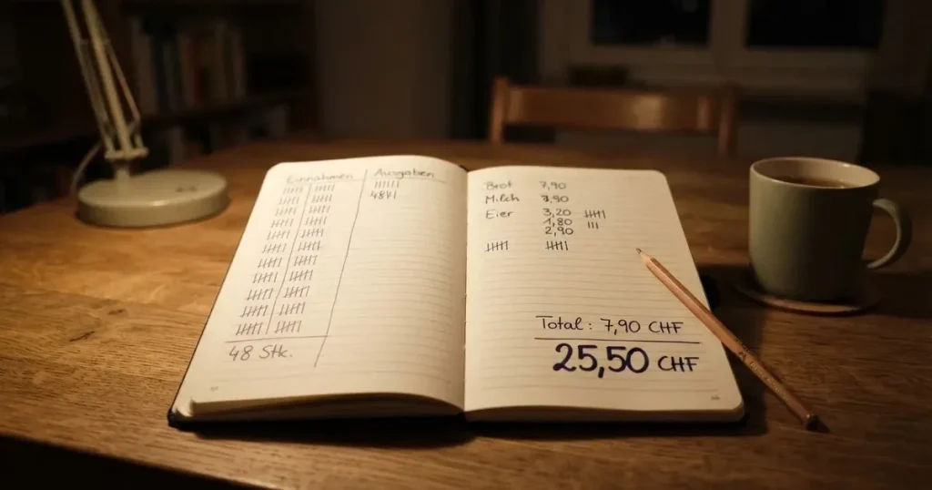 Ein aufgeschlagenes Notizbuch mit handschriftlichen Strichlisten und Spalten liegt neben einem Bleistift auf einem Holztisch im warmen Licht einer Schreibtischlampe.
