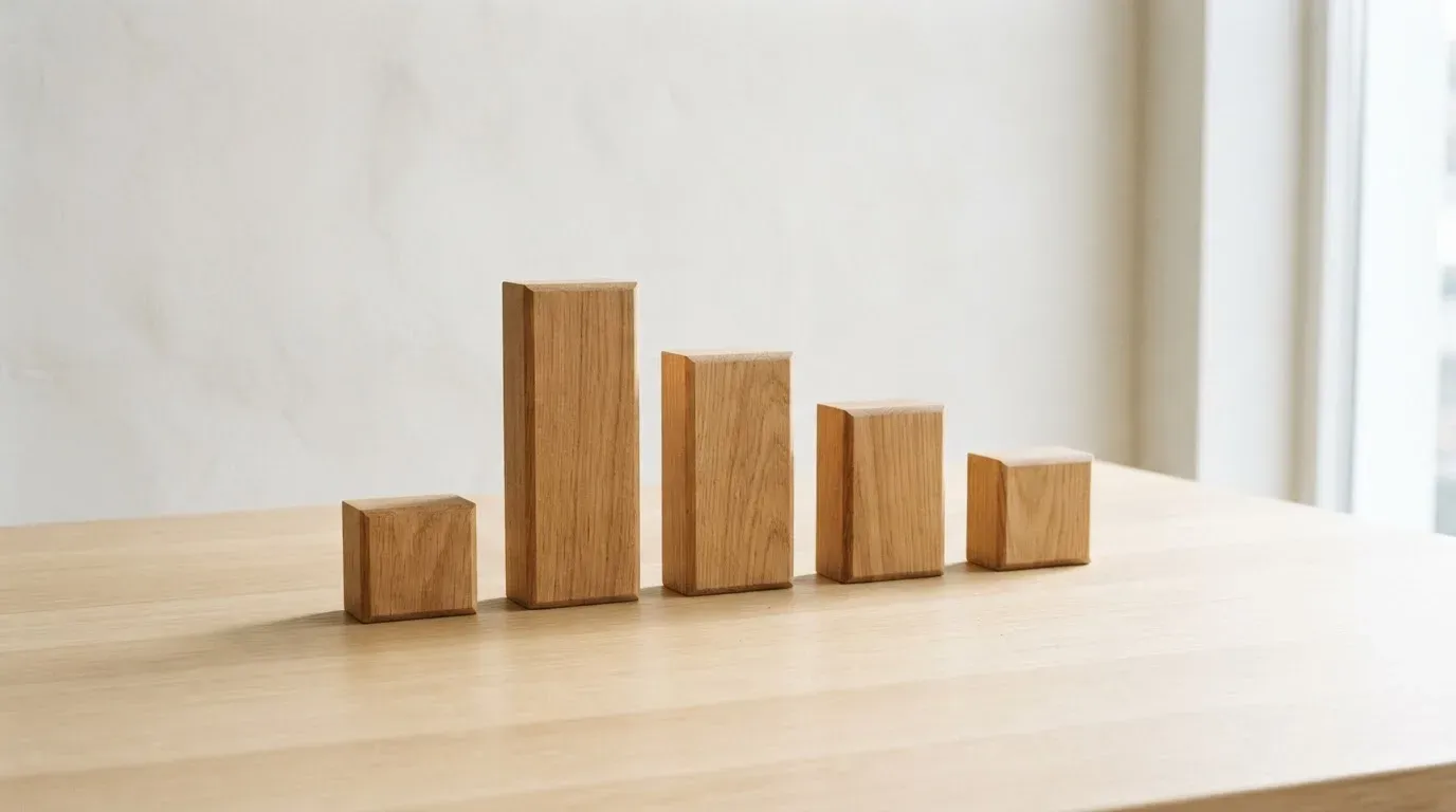Fünf Holzblöcke in unterschiedlicher Höhe stehen nebeneinander auf einem hellen Tisch und bilden ein Siegerpodest im Kleinformat.
