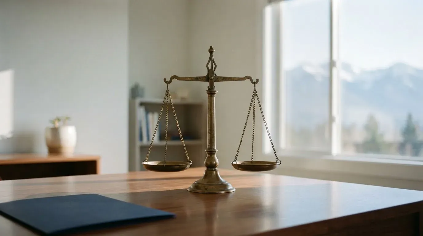Eine Waage aus Messing steht auf einem polierten Schreibtisch in einem hellen Büro, durch das Fenster sind ferne Berge zu sehen.