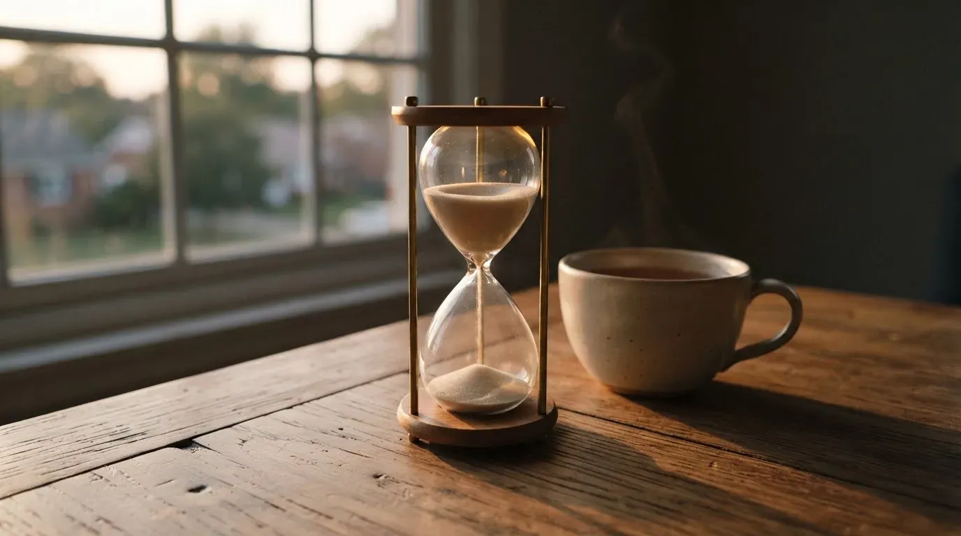 Eine Sanduhr aus Glas steht neben einer Tasse Tee auf einem Holztisch, durch das Fenster fällt das weiche Licht des Abends.