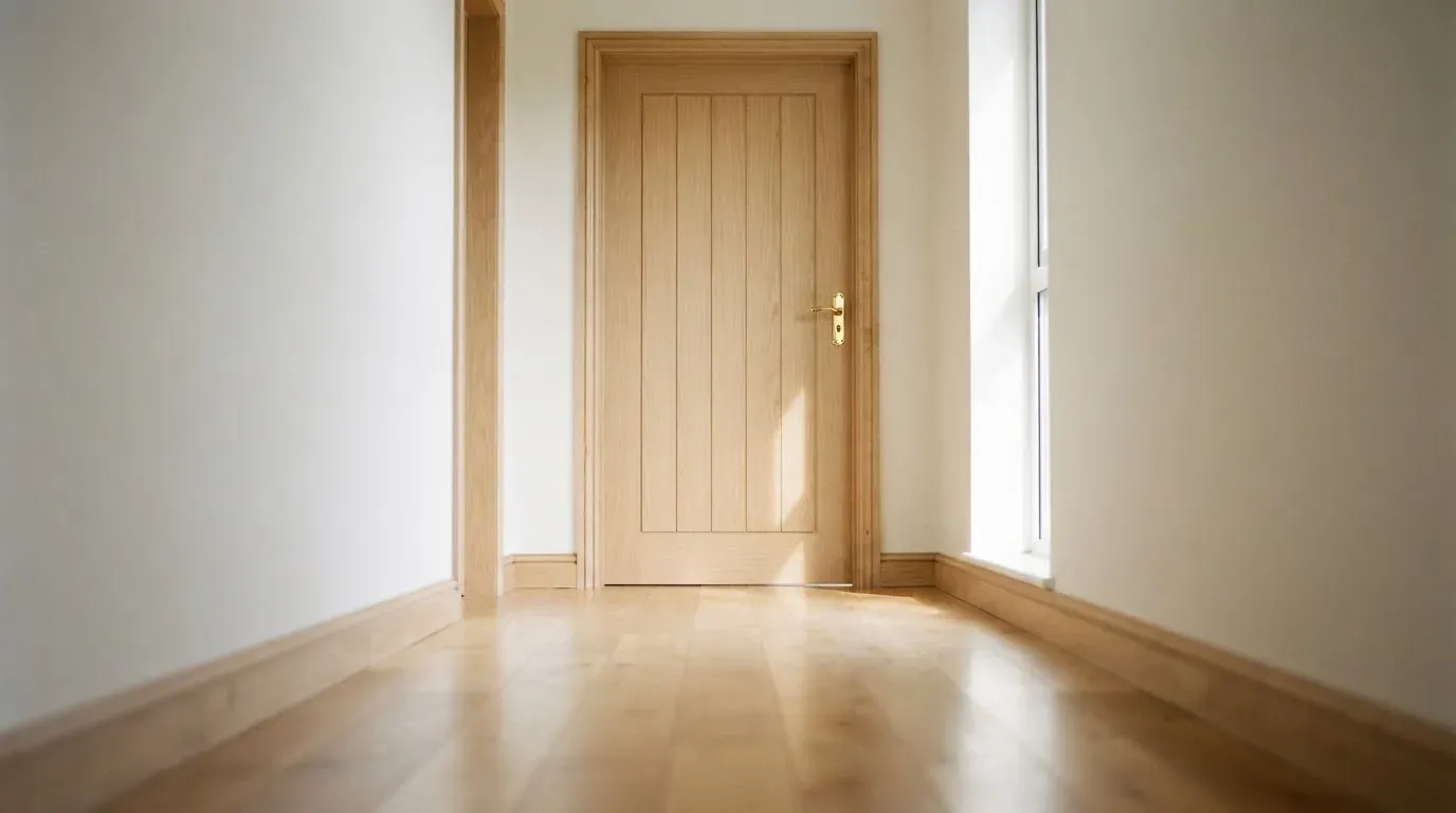 Eine geschlossene Holztür am Ende eines hellen Flurs, die Klinke aus Messing glänzt im Licht eines Fensters.
