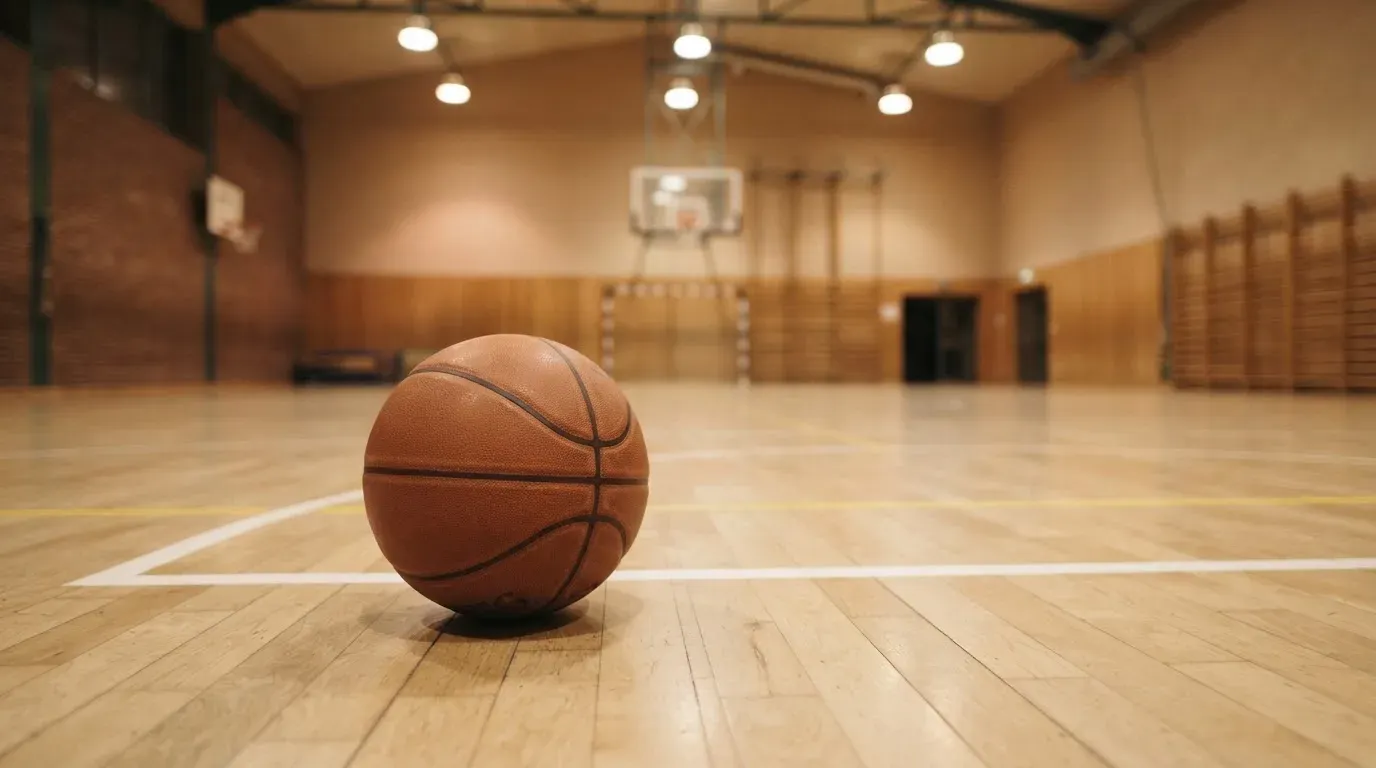 Ein Basketball liegt auf dem Parkett einer leeren Halle, von den Deckenlampen fällt gleichmässiges Licht auf den Boden.