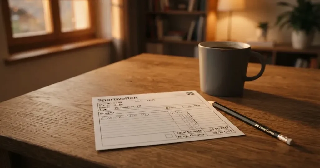 Ein leerer Wettschein aus Papier liegt auf einem Holztisch neben einem Bleistift und einem Kaffeebecher.
