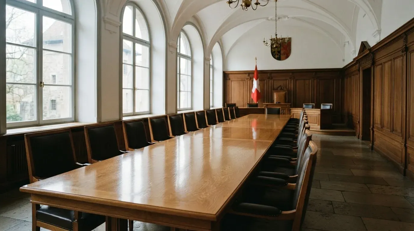 Ein leerer Sitzungssaal mit langem Holztisch und Lederstühlen, durch hohe Fenster fällt Tageslicht auf den Boden.