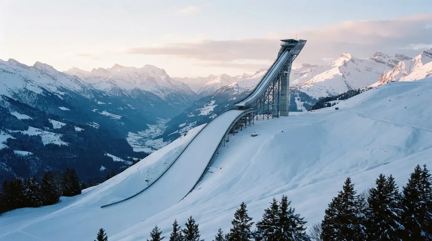 Eine Skisprungschanze erhebt sich vor verschneiten Bergen im Morgenlicht, die Hänge sind unberührt und ruhig.