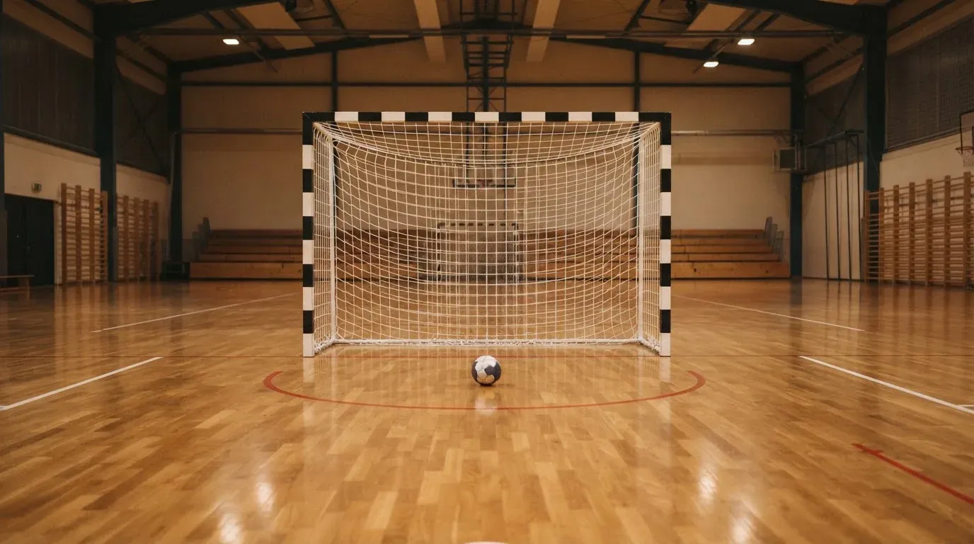 Ein Handballtor in einer leeren Sporthalle, der Ball liegt im Torraum und das Hallenlicht spiegelt sich im Parkett.