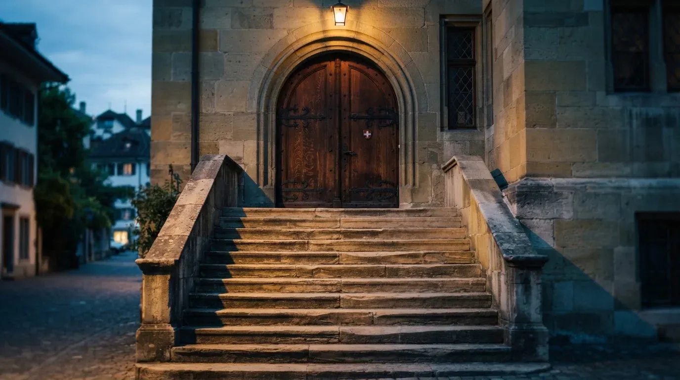 Eine breite Steintreppe führt zu einem hohen Portal aus dunklem Holz, das Licht der Dämmerung liegt auf den Stufen.