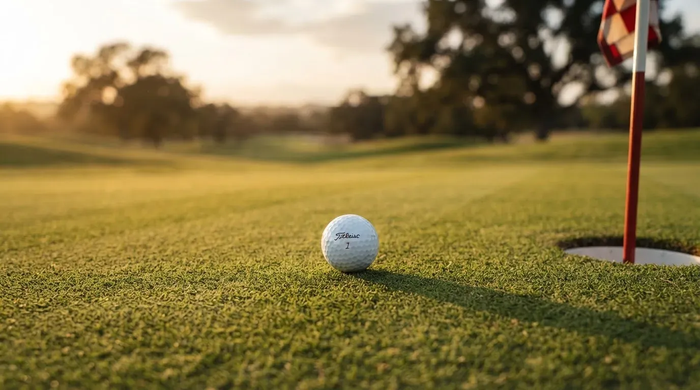 Ein Golfball liegt auf einem gepflegten Grün nahe am Loch, im goldenen Licht der Abendsonne.