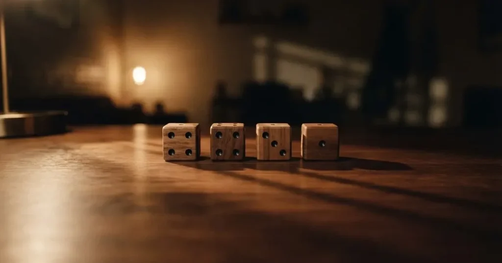 Vier Holzwürfel stehen in einer Reihe auf einem Tisch, das Licht einer Lampe wirft vier Schatten auf die Platte.
