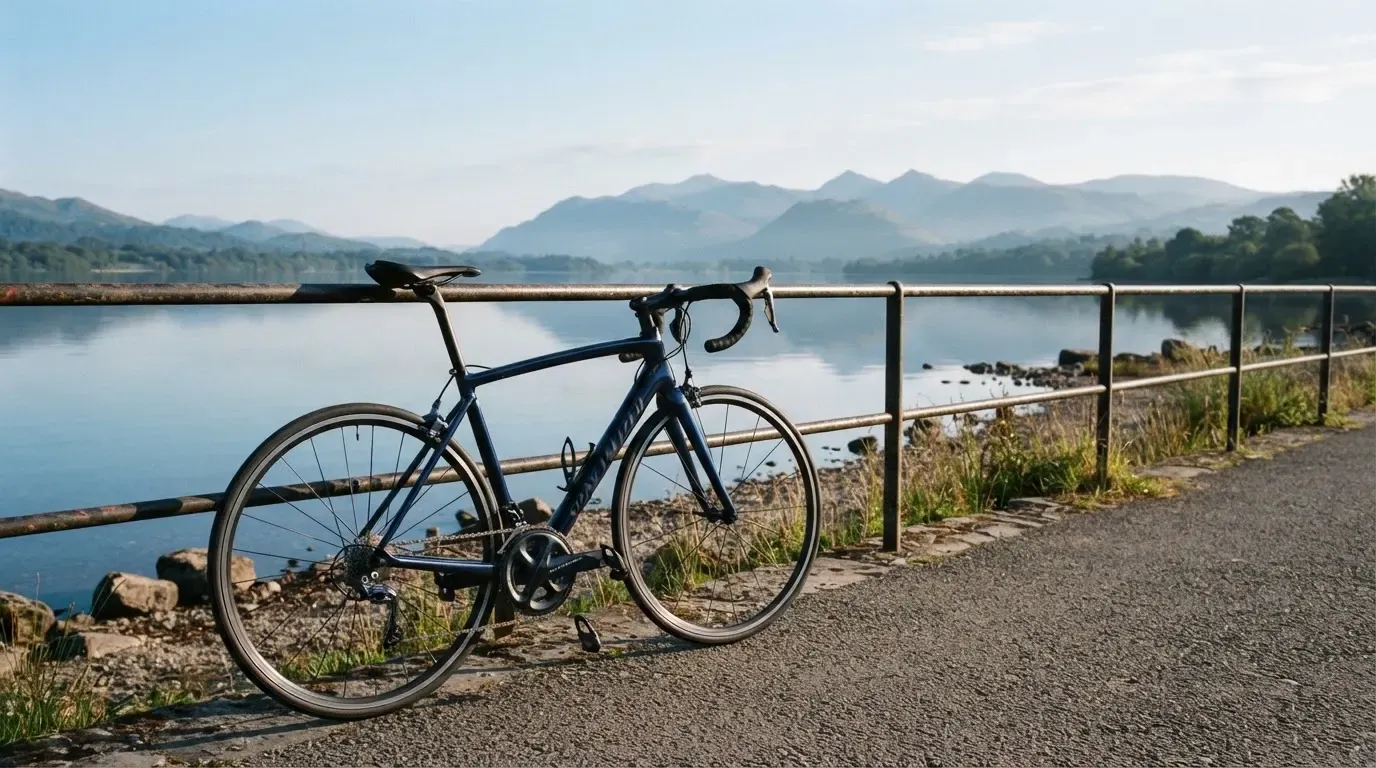 Ein Rennrad lehnt an einem Geländer am Seeufer, dahinter liegt ruhiges Wasser vor einer Bergkette.