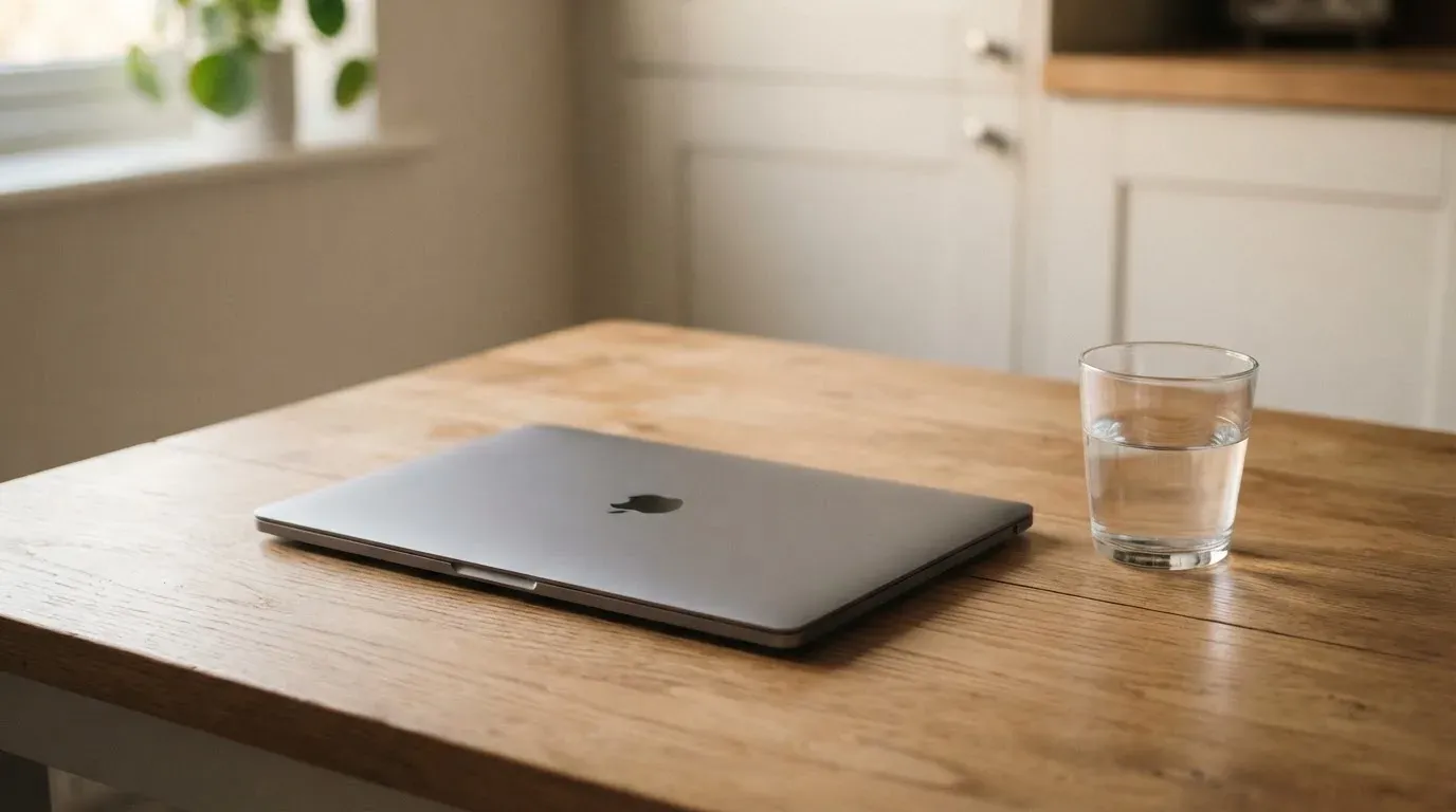 Ein geschlossener Laptop steht neben einem Glas Wasser auf einem Küchentisch im Licht des frühen Morgens.