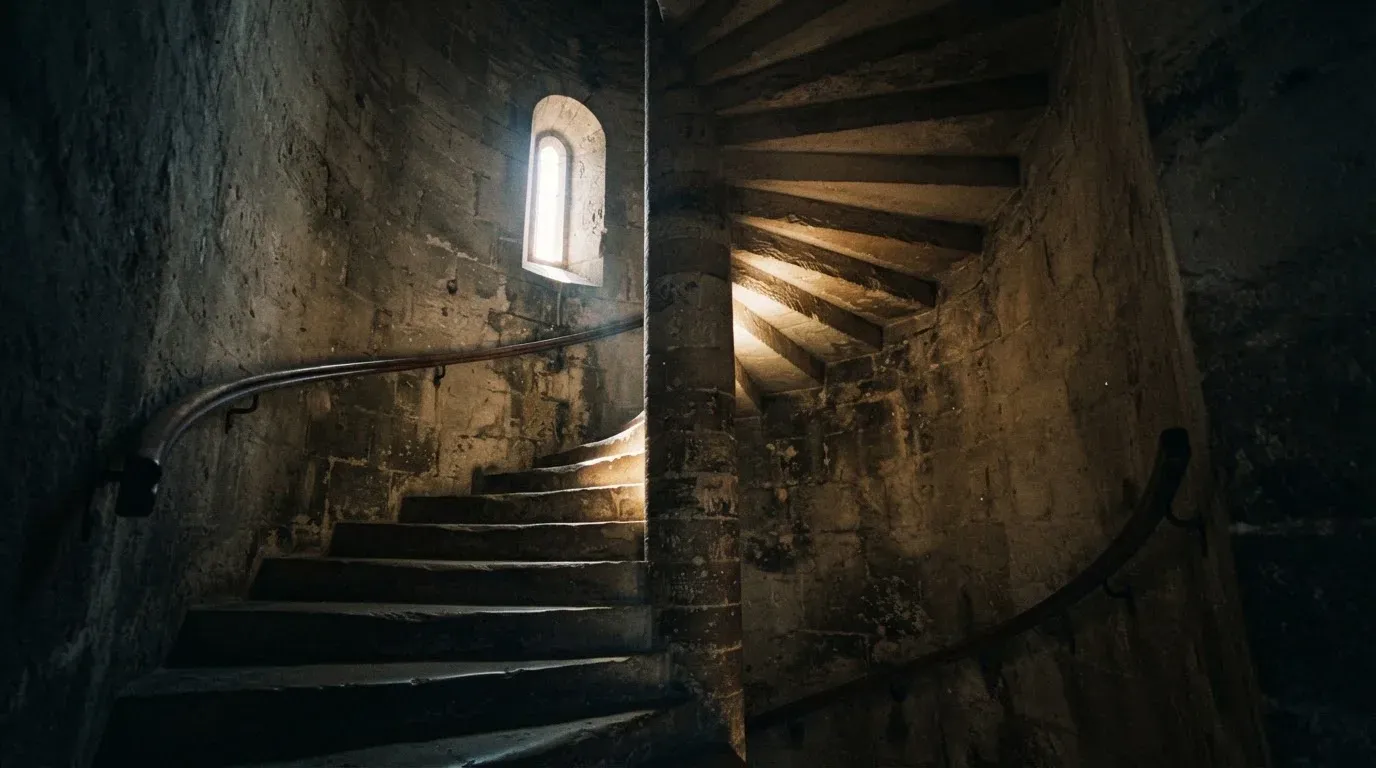 Eine Wendeltreppe aus Stein in einem alten Gebäude, Licht fällt durch ein schmales Fenster auf die Stufen.