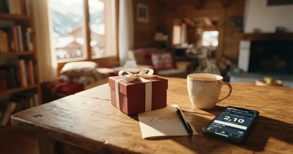 Eine kleine Geschenkschachtel mit Band steht auf einem Holztisch neben einer Tasse Tee im Licht eines Fensters.