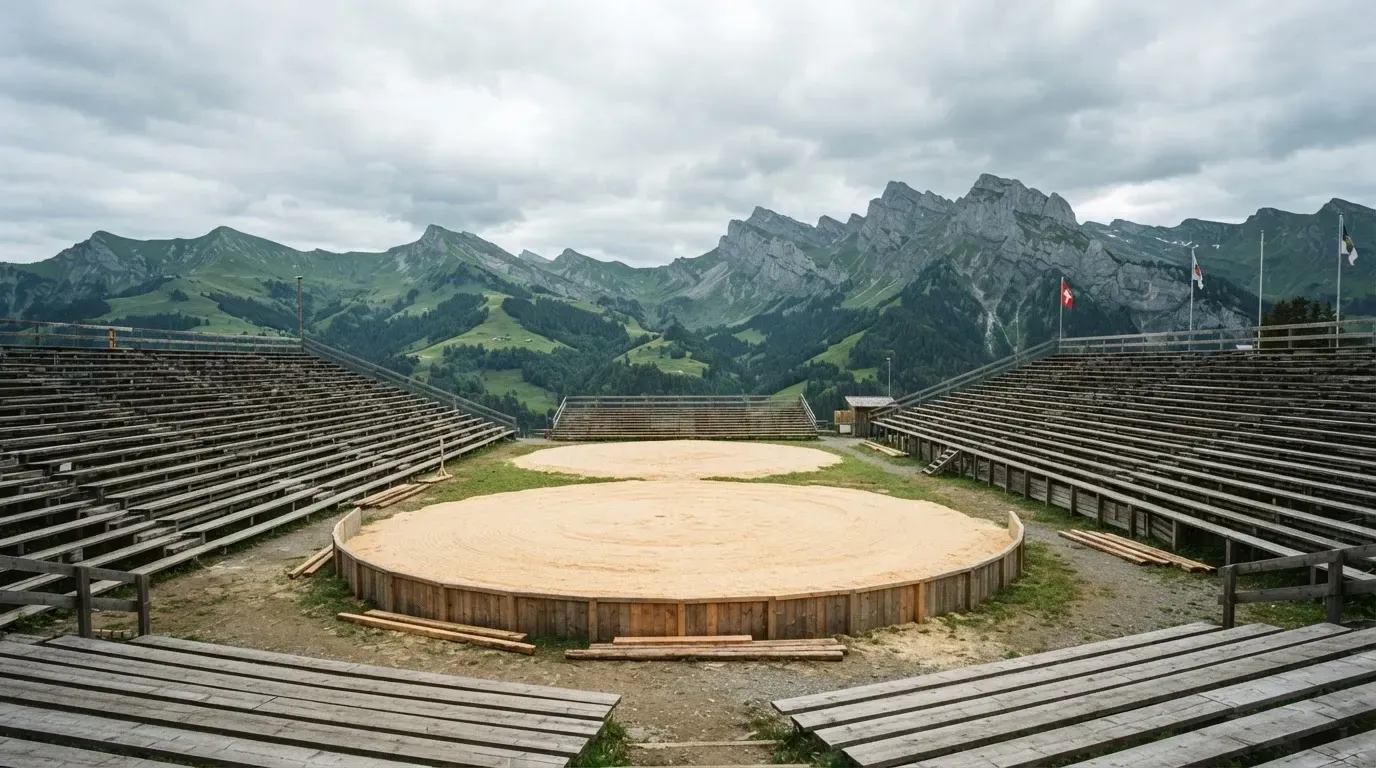 Ein Sägemehlring zwischen Tribünen aus Holz vor Alpenkulisse, ruhig und menschenleer unter bewölktem Himmel.
