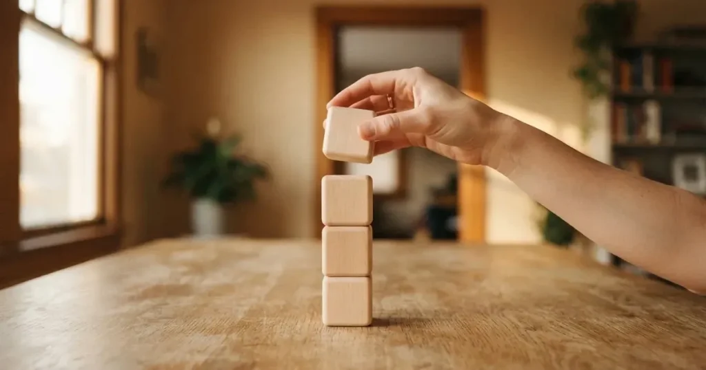 Ein Turm aus vier Holzklötzen steht auf einem Tisch, der oberste Klotz wird gerade vorsichtig aufgesetzt.