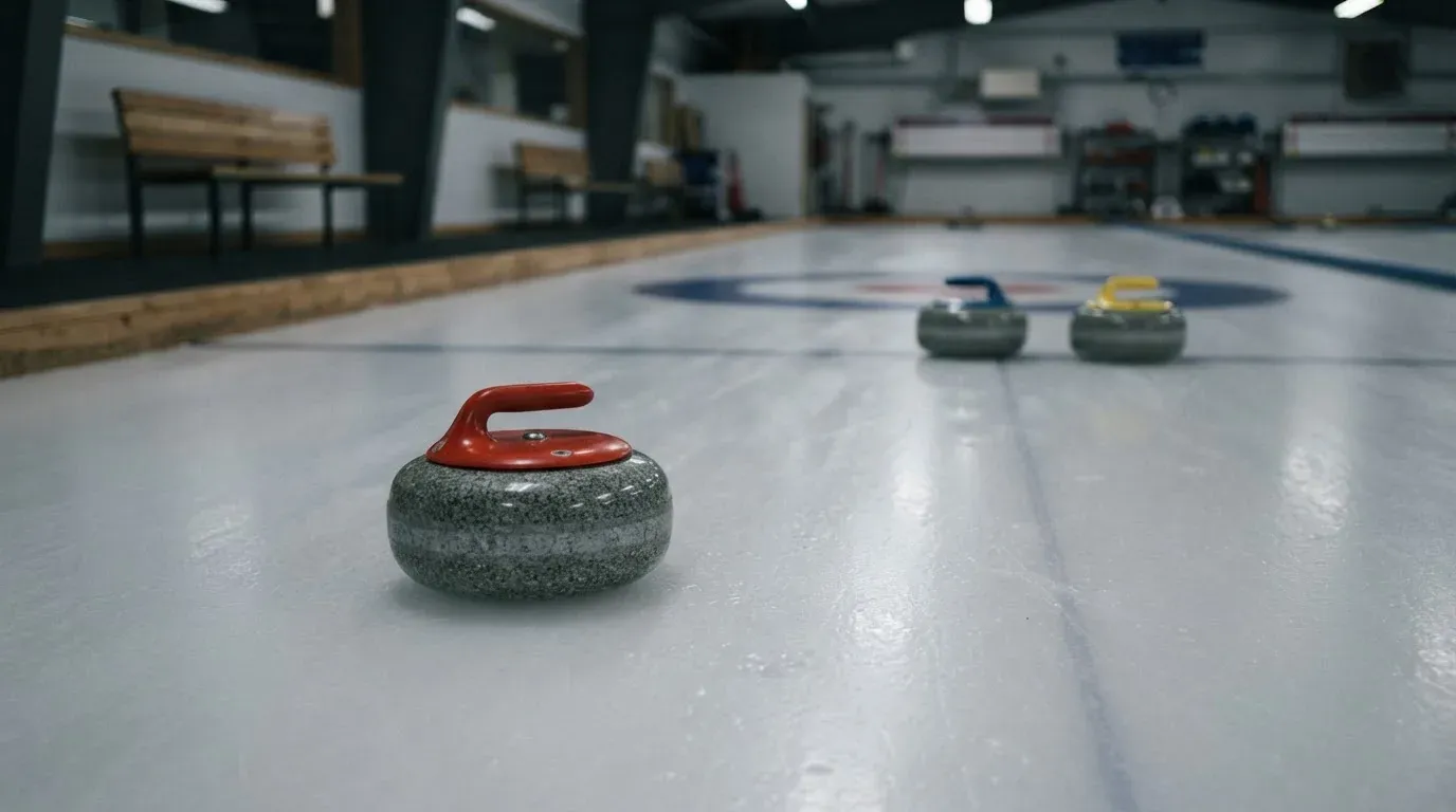Mehrere Curlingsteine liegen auf einer glatten Eisfläche in einer leeren Halle, Deckenlicht spiegelt sich im Eis.
