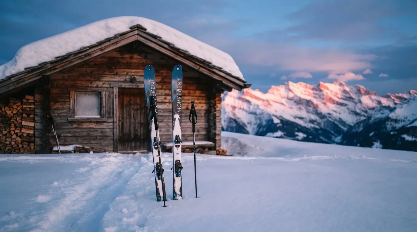 Ein Paar Ski steckt aufrecht im Schnee vor einer Berghütte, im Hintergrund färbt der Sonnenaufgang die Gipfel.