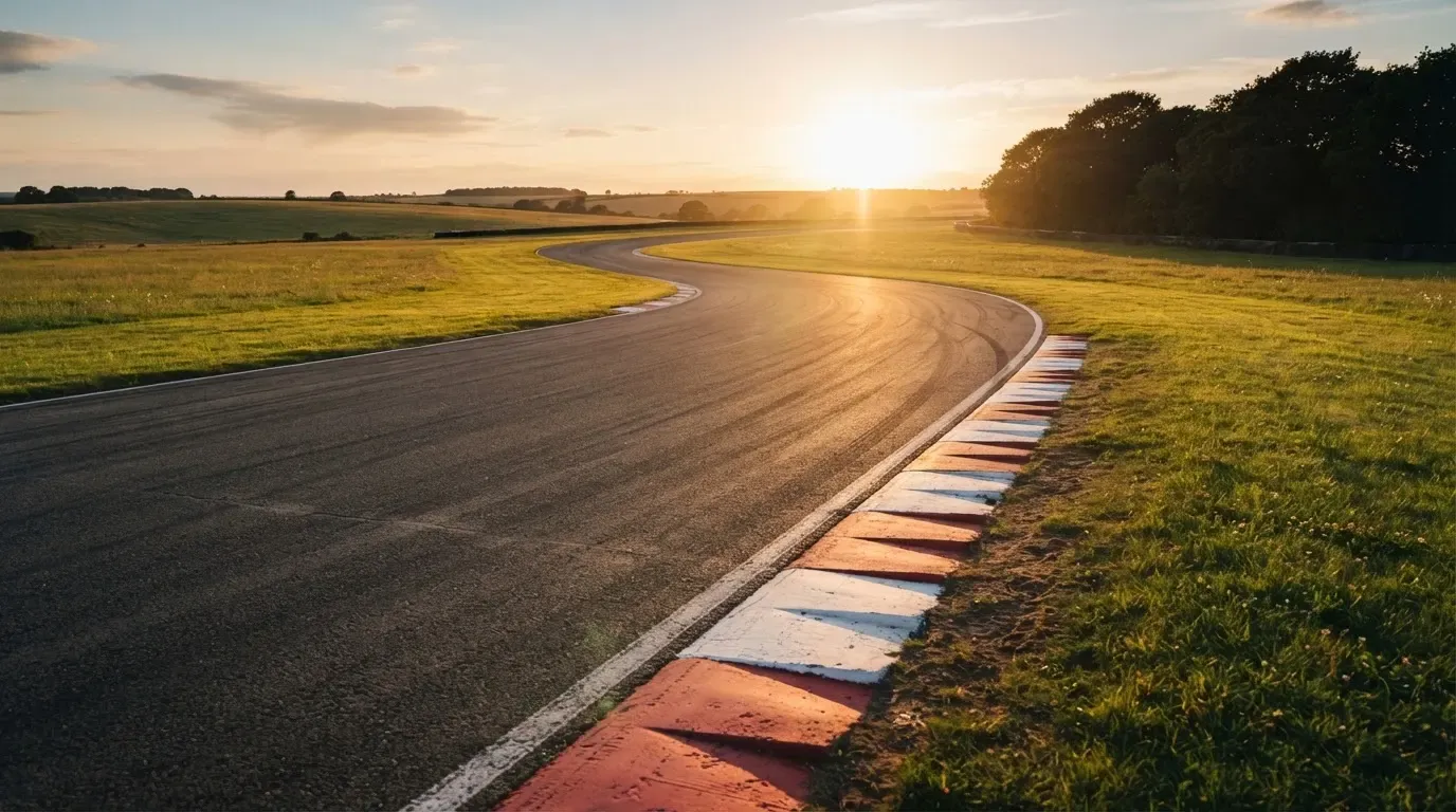 Eine leere Rennstrecke mit rot-weissen Randsteinen im Licht der untergehenden Sonne, Asphalt und Wiese im Gegenlicht.