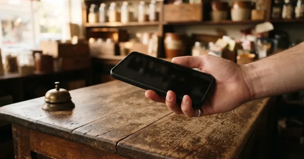 Eine Hand hält ein Smartphone mit dunklem Display knapp über eine hölzerne Ladentheke in einem kleinen Geschäft.