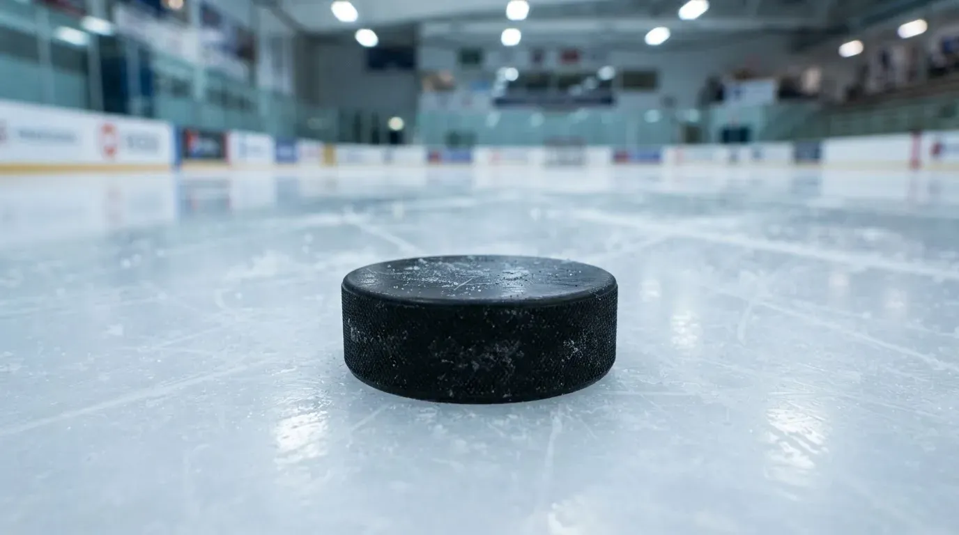 Ein Eishockeypuck liegt in Grossaufnahme auf der Eisfläche, feine Kratzer im Eis glänzen im hellen Hallenlicht.