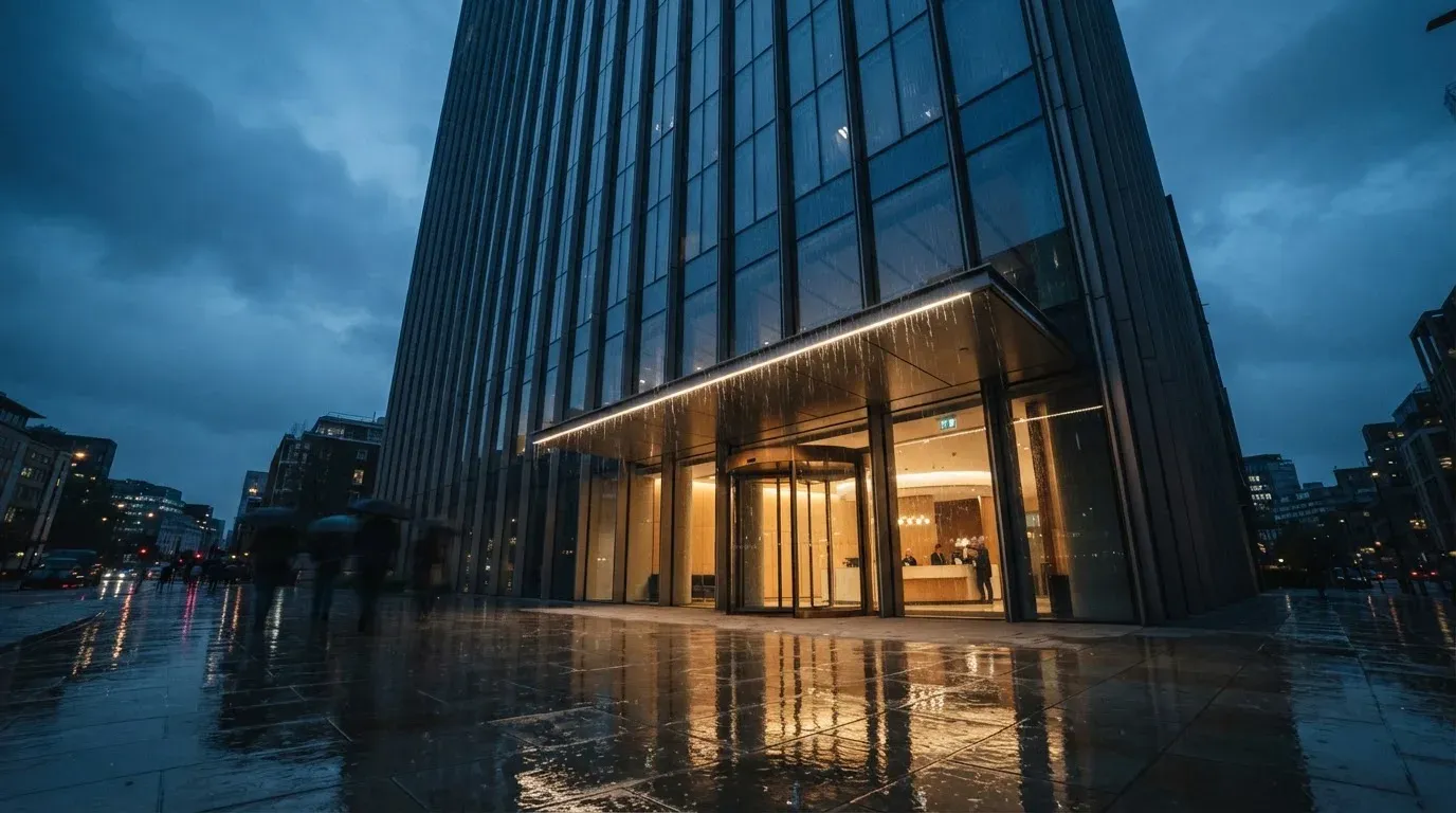 Eine Fassade aus Glas und Stahl am Eingang eines Bürogebäudes im Regen, auf dem nassen Boden spiegelt sich das Licht.