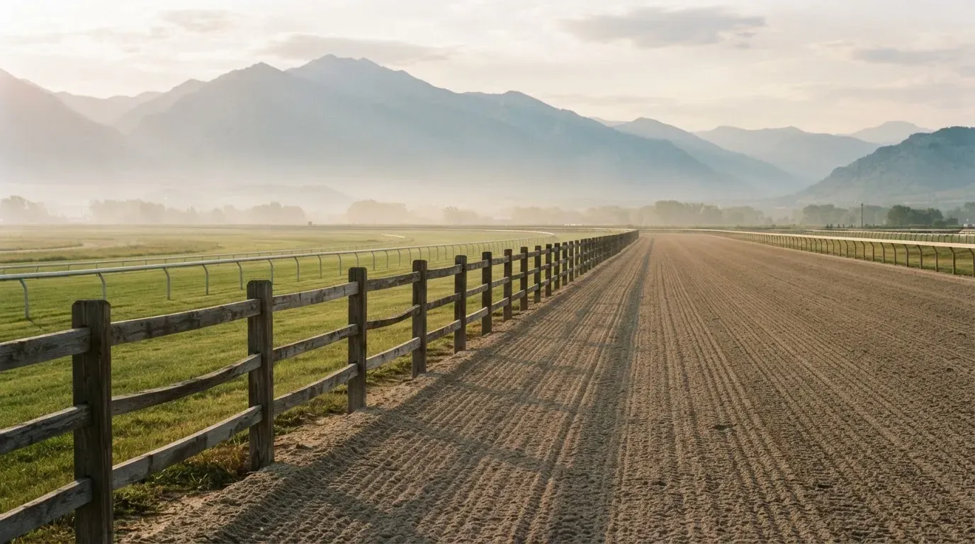 Eine leere Pferderennbahn mit gepflegter Zielgeraden und Holzzaun, im Hintergrund stehen Berge im Dunst.