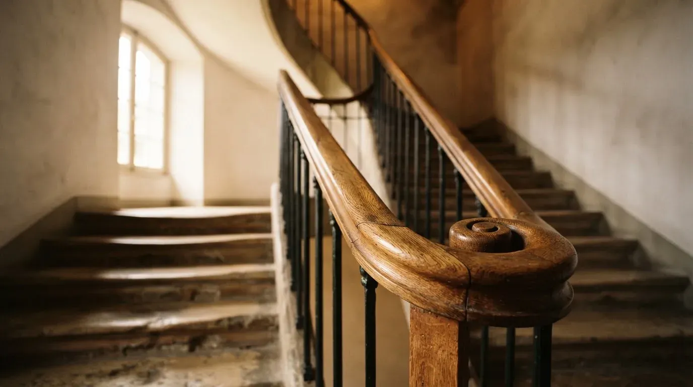 Ein Holzgeländer an einer Treppe in einem Altbau, durch ein Fenster fällt Licht auf die abgetretenen Stufen.