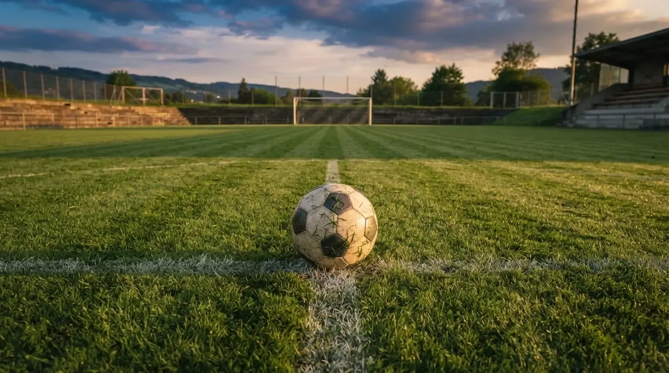 Ein Fussball liegt auf dem Mittelkreis eines leeren Rasenplatzes, dahinter ragen leere Tribünenreihen in den Abendhimmel.